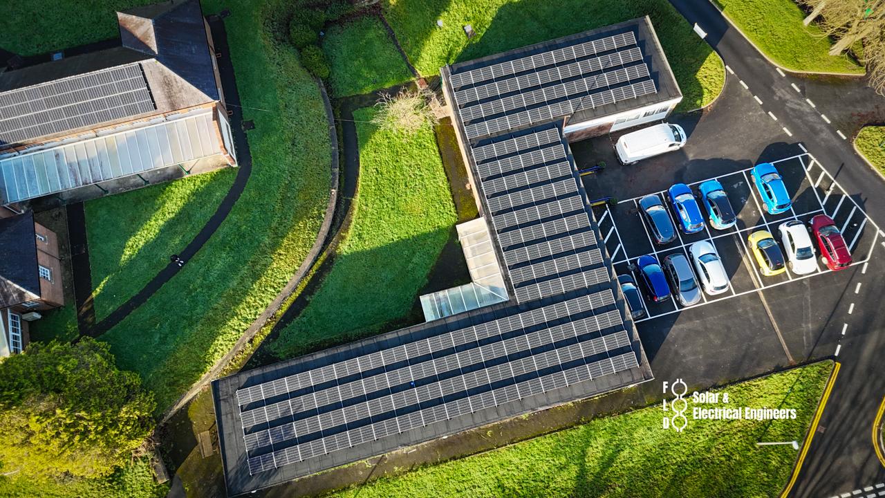 Solar array integrated with existing roof features at Parc Dewi Sant hospital