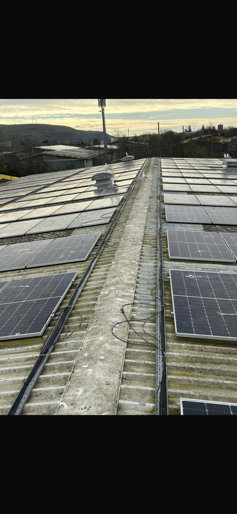 The 257 kW solar array across a large industrial roof in South Wales