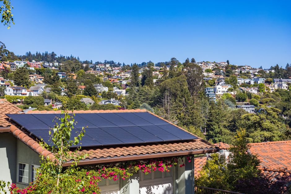 Solar panels on a residential pitched roof