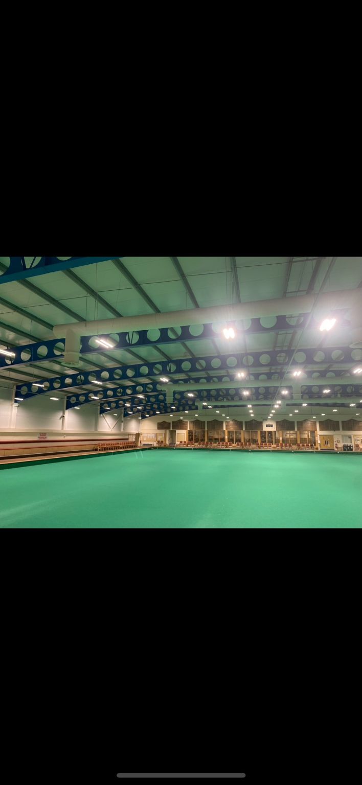 LED lighting upgrade at Swansea Indoor Bowling Centre - Ansell dimmable LED luminaires over the indoor bowls rinks, installed by FLD